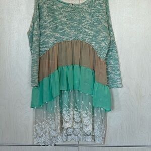 Bellamie Mint Green, Teal & Beige Layered Tunic Top